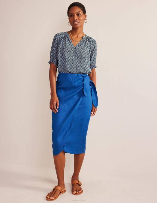 Boden vêtements tige bleue et cachemire femmes haut à manches courtes et col froncé LB2X114