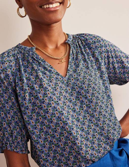 Boden vêtements tige bleue et cachemire femmes haut à manches courtes et col froncé LB2X114