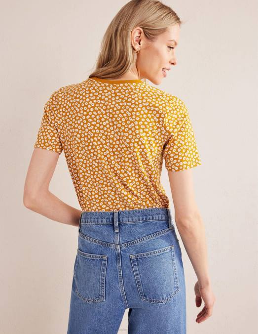 Boden vêtements timbre de récolte d'or et de pivoine femmes t-shirt imprimé à col rond LB2X1964