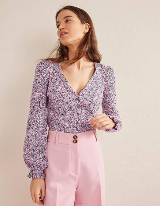 Boden vêtements toile multi & pétales femmes haut à col en V boutonné sur le devant LB2X1705