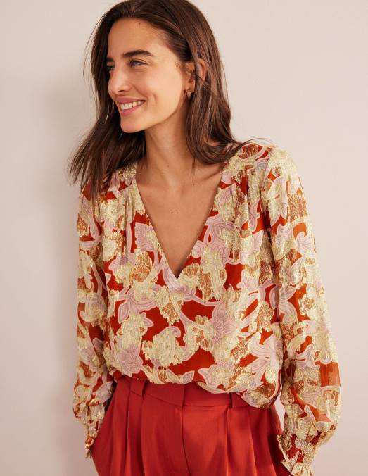 Boden vêtements tourbillon rouille et cachemire femmes haut en jacquard à col en V LB2X1710