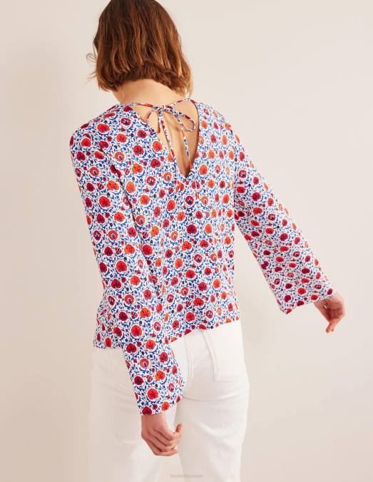 Boden vêtements vague bleue et floraison enchanteresse femmes haut évasé à manches longues LB2X1376