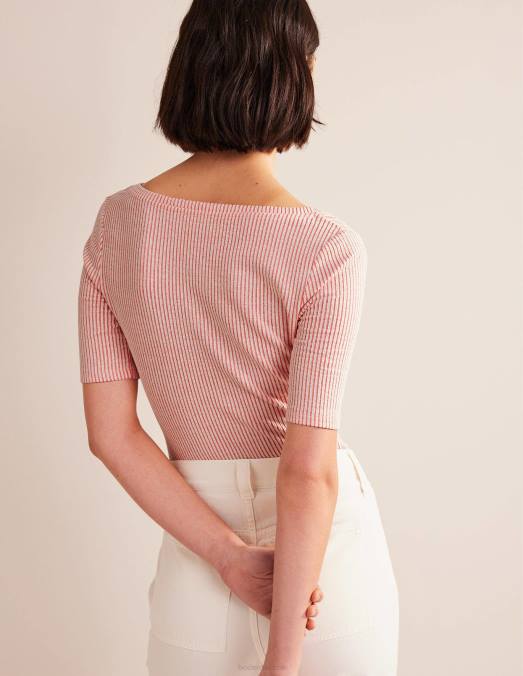 Boden vêtements vermillon/rayure blanche femmes haut froncé sur le devant en seersucker LB2X1775