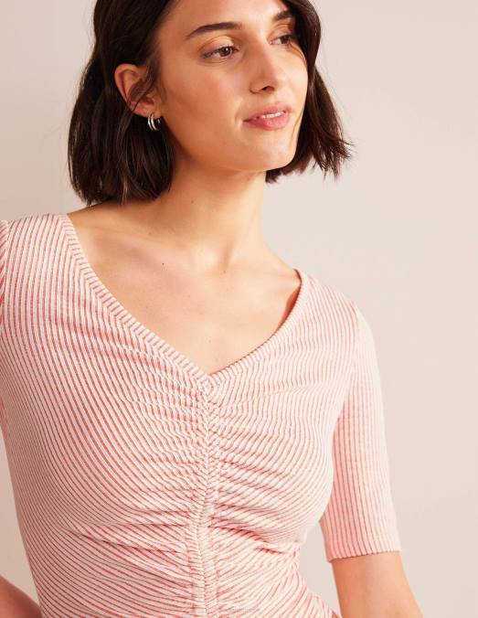 Boden vêtements vermillon/rayure blanche femmes haut froncé sur le devant en seersucker LB2X1775
