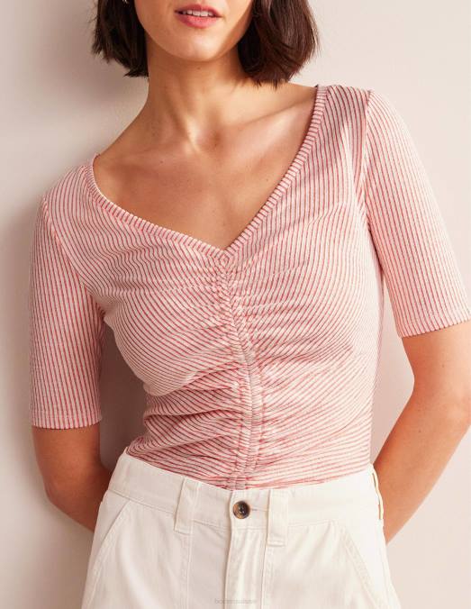 Boden vêtements vermillon/rayure blanche femmes haut froncé sur le devant en seersucker LB2X1775