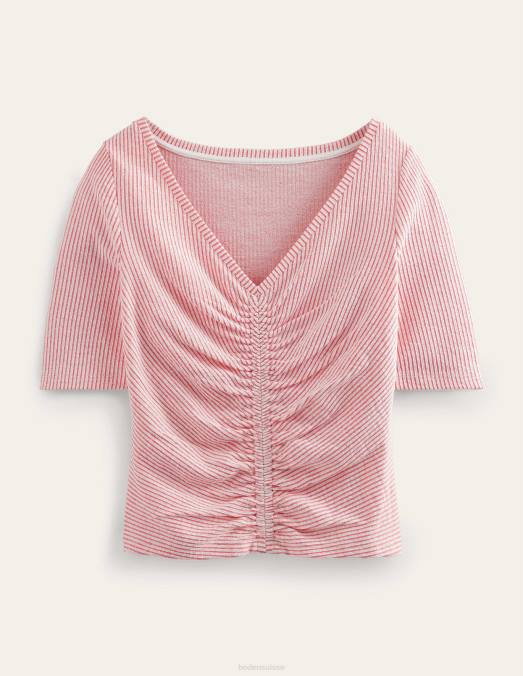 Boden vêtements vermillon/rayure blanche femmes haut froncé sur le devant en seersucker LB2X1775