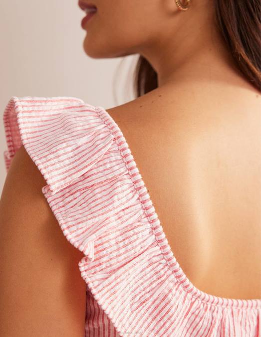 Boden vêtements vermillon/rayure blanche femmes haut rayé à volants en seersucker LB2X2170