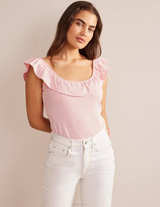 Boden vêtements vermillon/rayure blanche femmes haut rayé à volants en seersucker LB2X2170