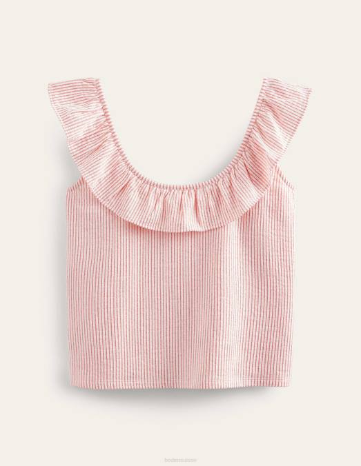 Boden vêtements vermillon/rayure blanche femmes haut rayé à volants en seersucker LB2X2170