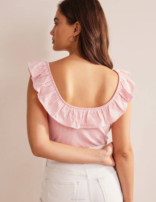 Boden vêtements vermillon/rayure blanche femmes haut rayé à volants en seersucker LB2X2170