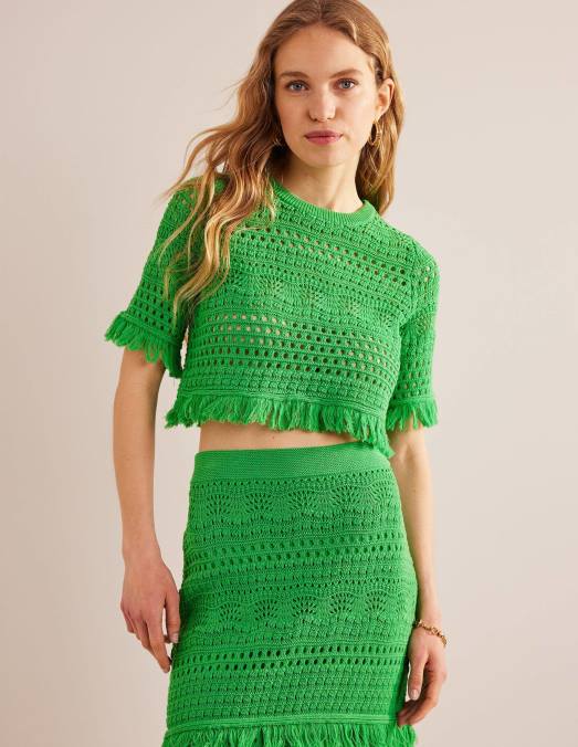 Boden vêtements vert clair femmes t-shirt court au crochet à franges LB2X1059