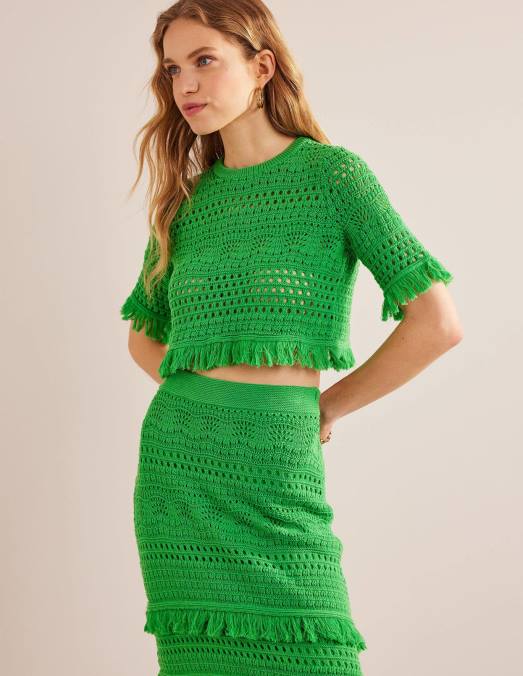 Boden vêtements vert clair femmes t-shirt court au crochet à franges LB2X1059