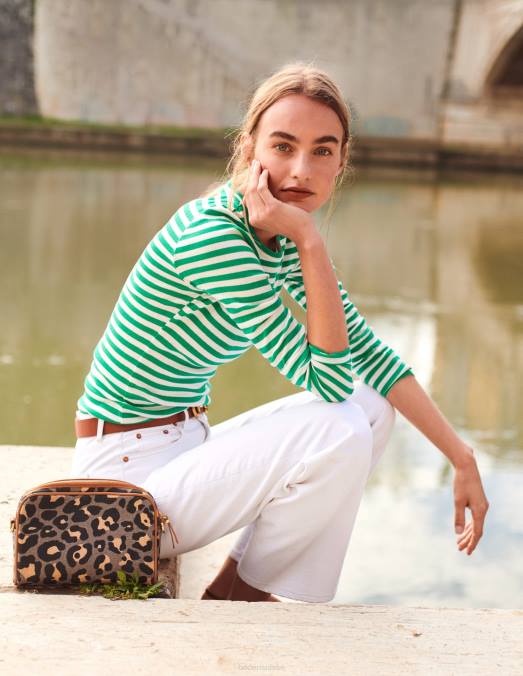 Boden vêtements vert prairie & rayure ivoire femmes t-shirt ras du cou côtelé Anna LB2X197