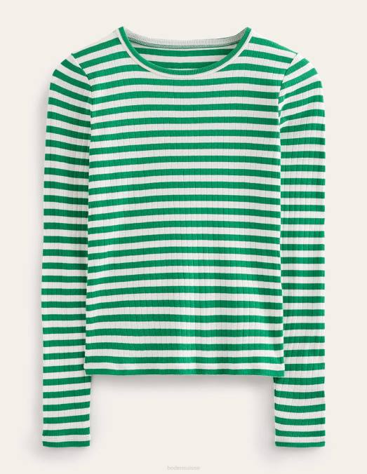 Boden vêtements vert prairie & rayure ivoire femmes t-shirt ras du cou côtelé Anna LB2X197