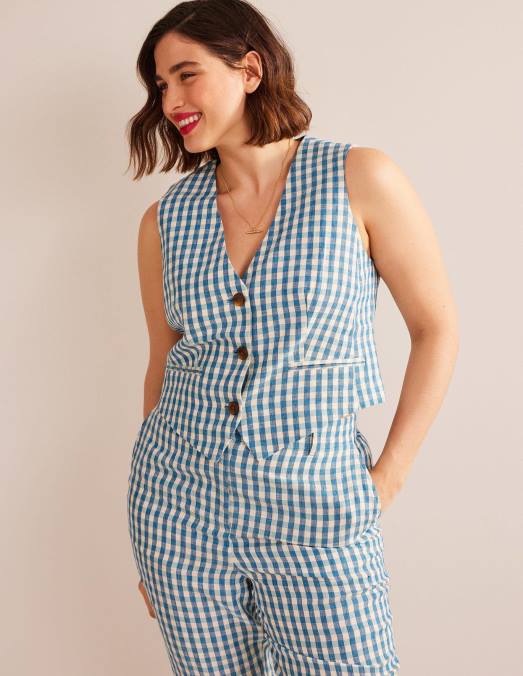 Boden vêtements vichy bleu et blanc femmes gilet en lin sur mesure LB2X2564