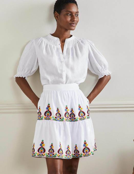Boden vêtements blanc brodé femmes mini-jupe en lin brodé LB2X2548