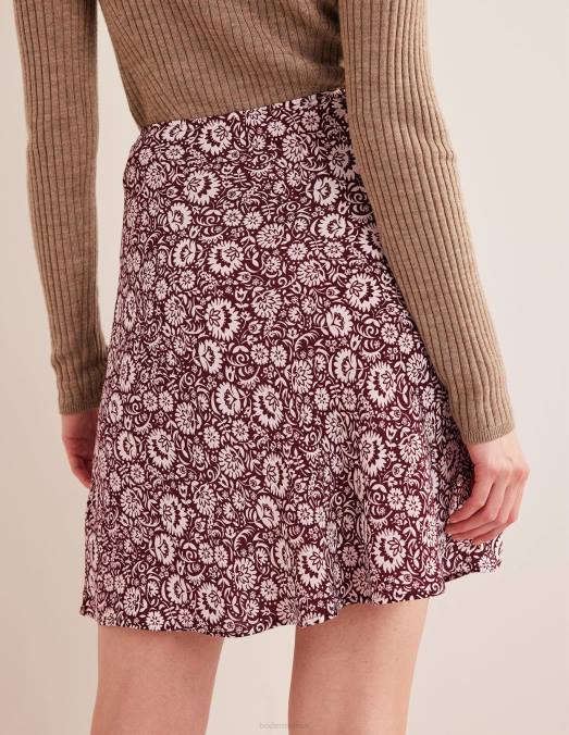 Boden vêtements bordeaux foncé et cascade de fleurs femmes mini-jupe en crêpe biaisée LB2X1090