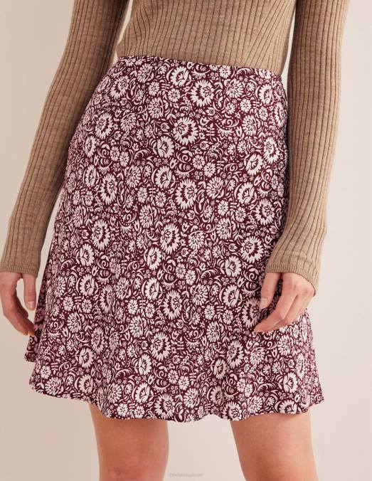 Boden vêtements bordeaux foncé et cascade de fleurs femmes mini-jupe en crêpe biaisée LB2X1090