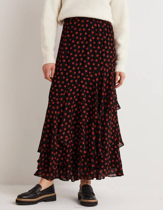 Boden vêtements bourgeon noir et pétunia femmes jupe longue à volants multiples LB2X1627