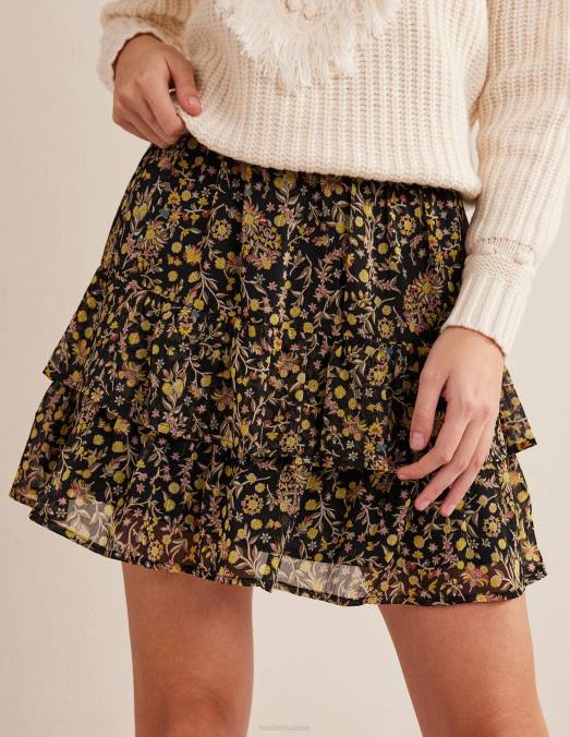 Boden vêtements cachemire noir et fleurs sauvages femmes mini-jupe à volants LB2X2223