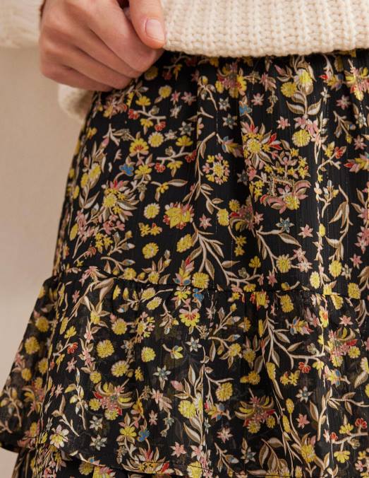 Boden vêtements cachemire noir et fleurs sauvages femmes mini-jupe à volants LB2X2223