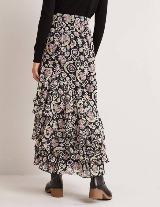Boden vêtements charme noir et tropique femmes jupe longue à volants multiples LB2X2562