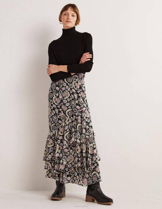 Boden vêtements charme noir et tropique femmes jupe longue à volants multiples LB2X2562