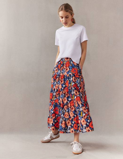 Boden vêtements grand coquelicot bleu marine et abstrait femmes jupe midi en popeline à volants LB2X1516