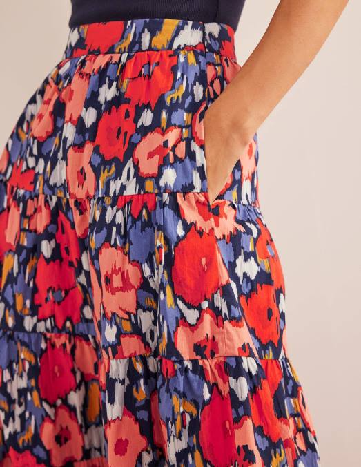 Boden vêtements grand coquelicot bleu marine et abstrait femmes jupe midi en popeline à volants LB2X1516