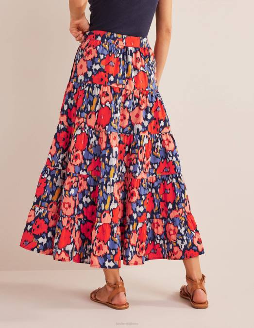 Boden vêtements grand coquelicot bleu marine et abstrait femmes jupe midi en popeline à volants LB2X1516