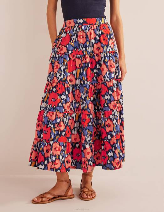 Boden vêtements grand coquelicot bleu marine et abstrait femmes jupe midi en popeline à volants LB2X1516