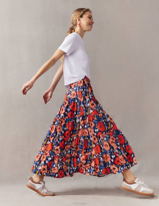 Boden vêtements grand coquelicot bleu marine et abstrait femmes jupe midi en popeline à volants LB2X1516