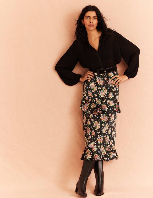 Boden vêtements grappe noire et sauvage femmes jupe mi-longue à volants en satin LB2X2129
