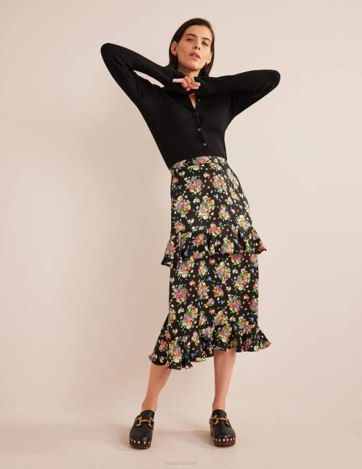 Boden vêtements grappe noire et sauvage femmes jupe mi-longue à volants en satin LB2X2129