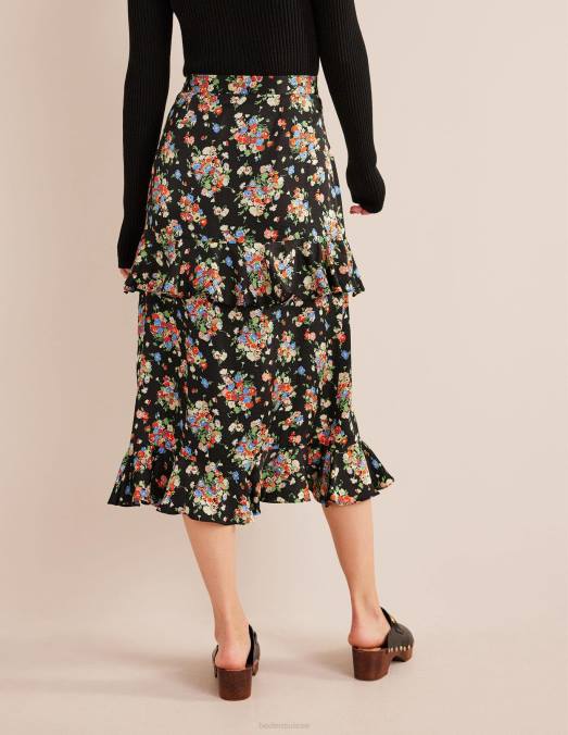 Boden vêtements grappe noire et sauvage femmes jupe mi-longue à volants en satin LB2X2129