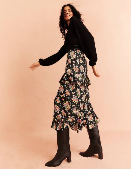Boden vêtements grappe noire et sauvage femmes jupe mi-longue à volants en satin LB2X2129