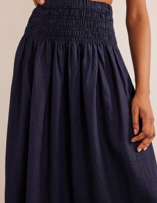 Boden vêtements marine femmes jupe mi-longue en lin à taille froncée LB2X2495
