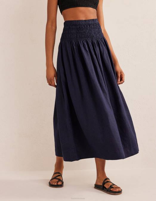 Boden vêtements marine femmes jupe mi-longue en lin à taille froncée LB2X2495