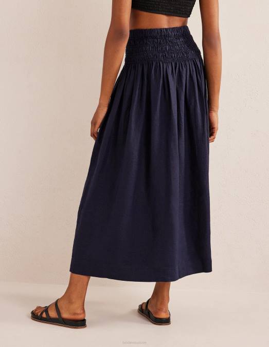 Boden vêtements marine femmes jupe mi-longue en lin à taille froncée LB2X2495