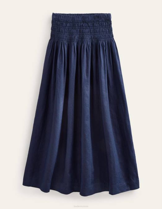 Boden vêtements marine femmes jupe mi-longue en lin à taille froncée LB2X2495