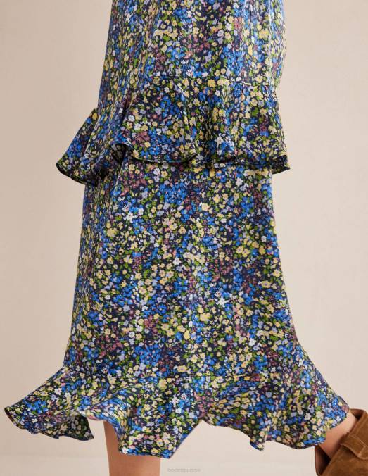 Boden vêtements nébuleuses bleues et pétales de gatdenia femmes jupe mi-longue à volants en satin LB2X2512