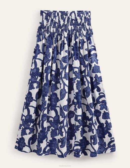 Boden vêtements ruban bleu et tourbillon cachemire femmes jupe mi-longue en lin à taille froncée LB2X2575