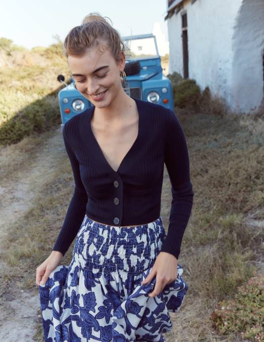 Boden vêtements ruban bleu et tourbillon cachemire femmes jupe mi-longue en lin à taille froncée LB2X2575