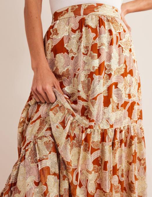 Boden vêtements tourbillon rouille et cachemire femmes jupe longue métallisée à volants LB2X1126