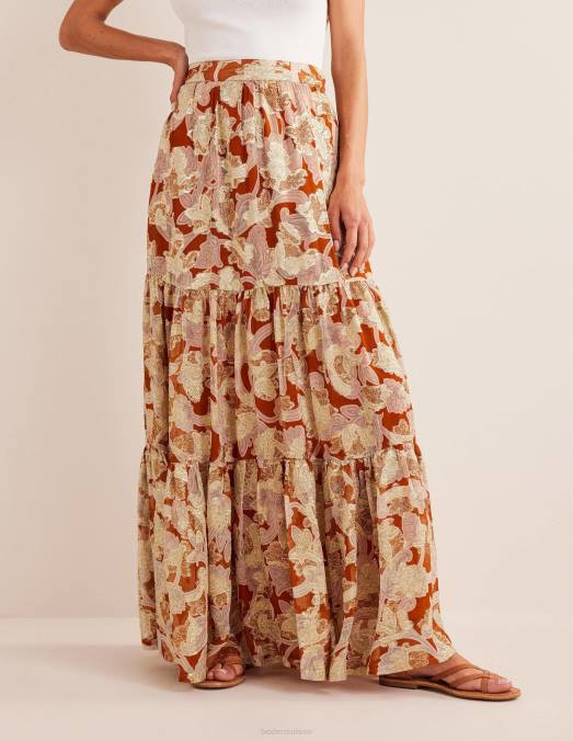 Boden vêtements tourbillon rouille et cachemire femmes jupe longue métallisée à volants LB2X1126