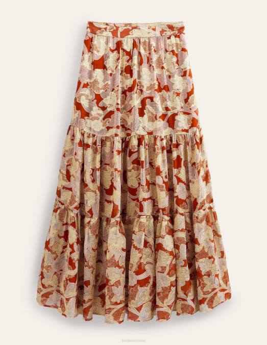 Boden vêtements tourbillon rouille et cachemire femmes jupe longue métallisée à volants LB2X1126