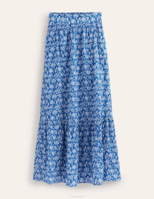 Boden vêtements vraie floraison bleue et linéaire femmes jupe longue en coton à volants LB2X1758