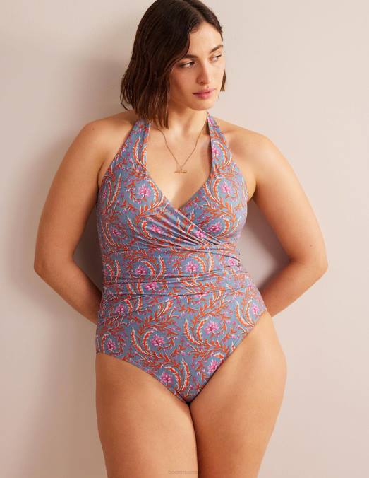 Boden vêtements bleu delph et vigne opulente femmes levanzo - maillot de bain dos nu froncé LB2X926