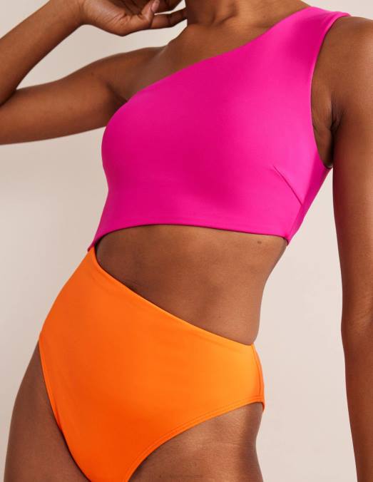 Boden vêtements bloc de couleur rose femmes maillot de bain asymétrique à découpe LB2X2480