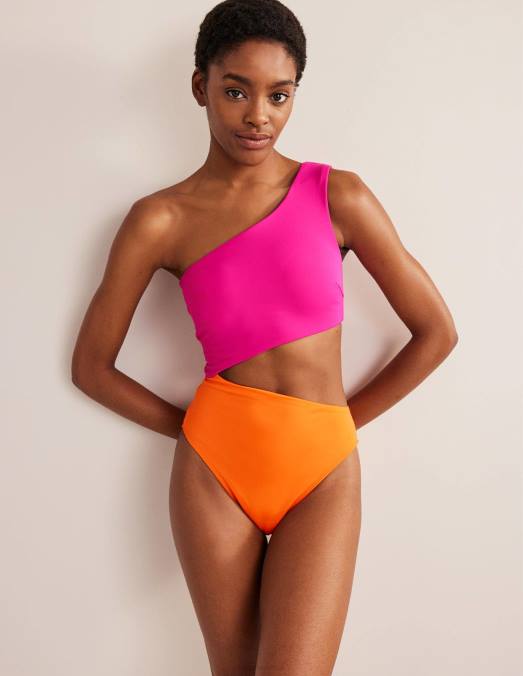 Boden vêtements bloc de couleur rose femmes maillot de bain asymétrique à découpe LB2X2480